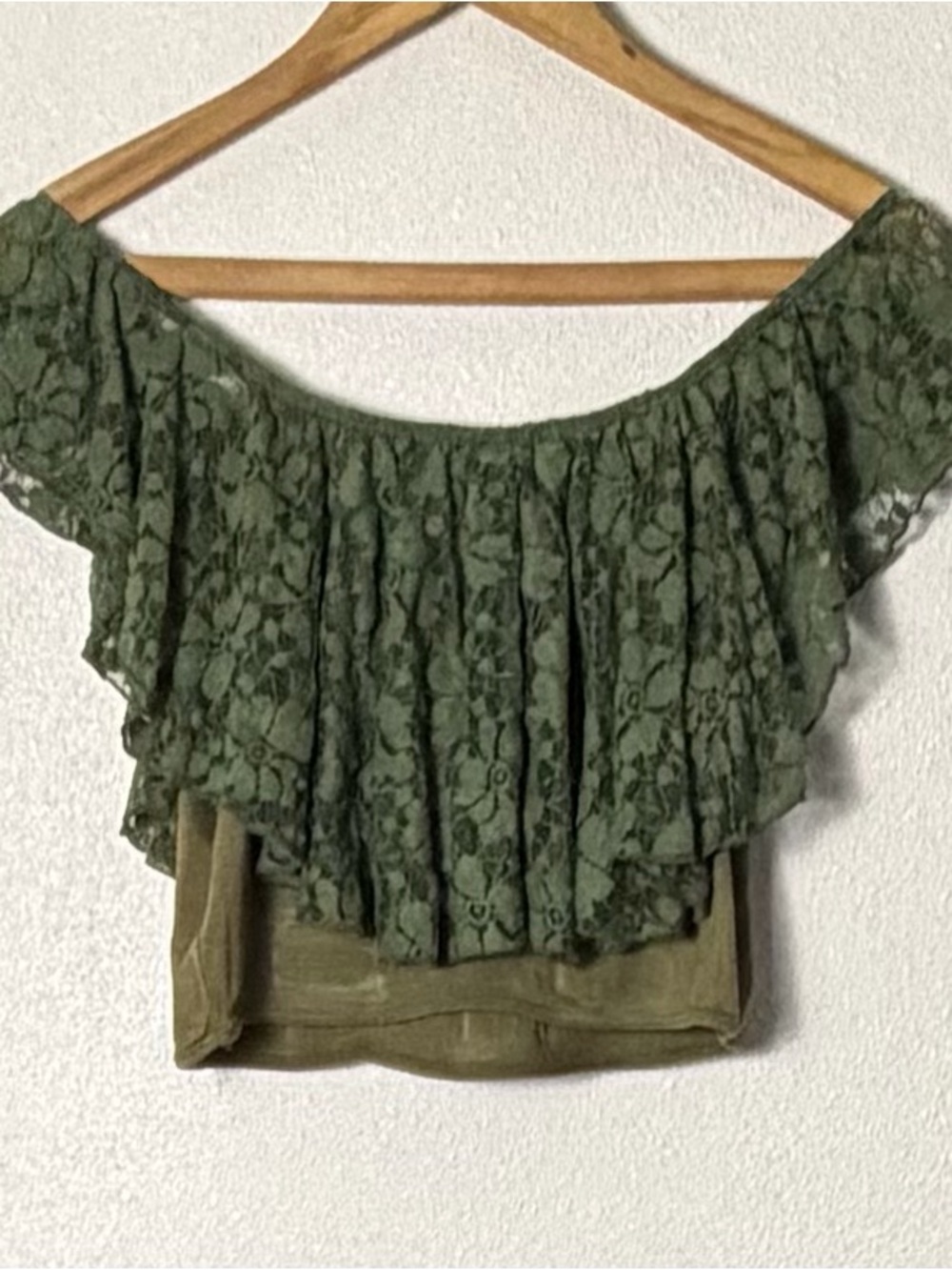VIDA Olive Green Lace Off-Shoulder Ruffle Crop Top